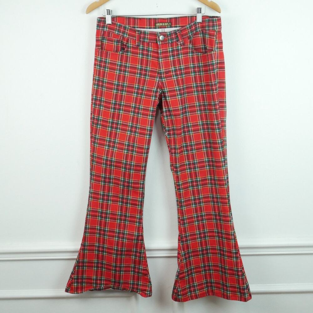 Run‎ & Fly Bell Bottom Pants Red Plaid Flare Retro Golf Hippy Punk 32 14 Preppy